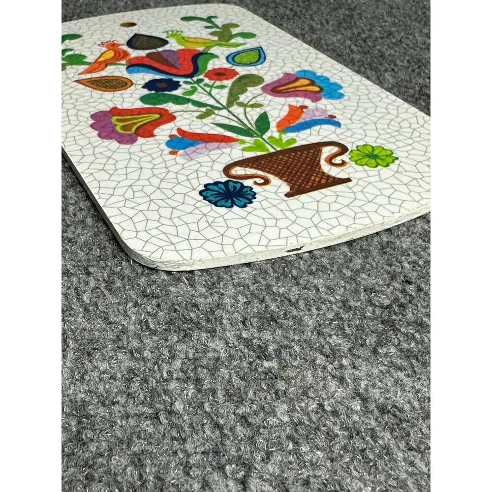 Vintage MCM folk art cutting board 9” snack tray charcuterie birds kitchen decor